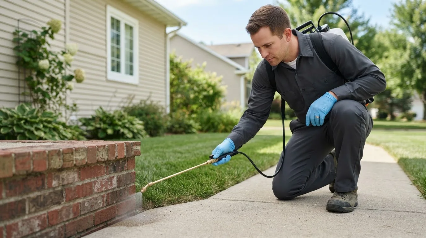 Pest control technician treating a home near Stafford, KS